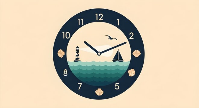 Creative wall clock design featuring maritime landscape with lighthouse sailboat and sea waves while numbers are replaced by seashells in certain positions representing nautical time and coastal life.