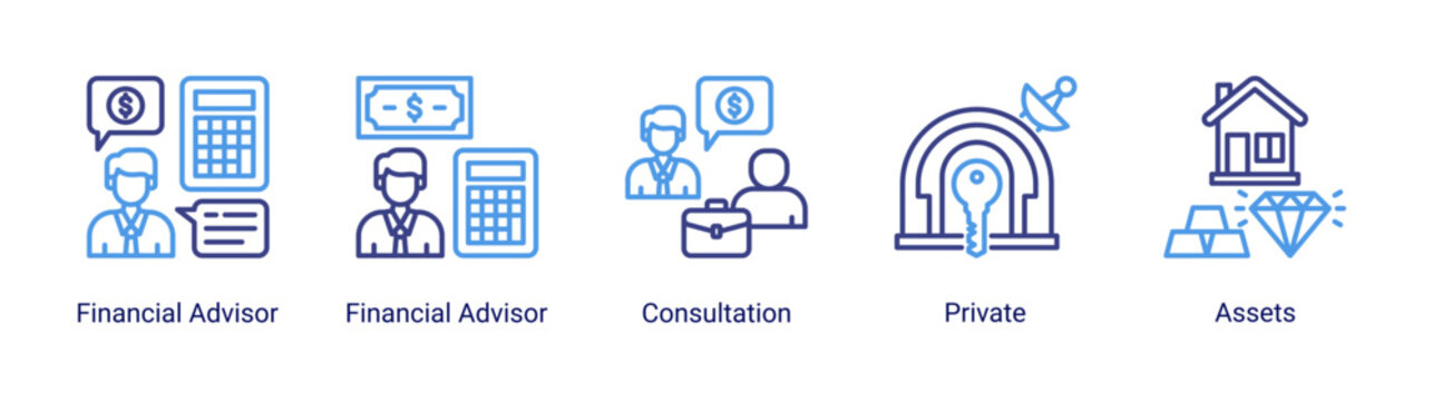 Advisory icon set featuring financial advisor,consultation,private,and asset icons.Suitable for wealth management and consulting services.
