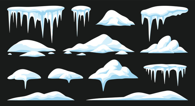 Various snow and ice elements including icicles, snowdrifts, and mounds of snow isolated on a black background.