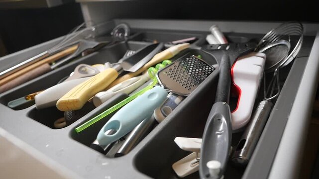 Kitchen drawer filled with utensils and tools for cooking