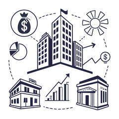 Fototapeta premium economy indicators vector illustration with buildings money bag pie chart and rising arrow high quality professional detailed modern elegant stylish clean crisp vibrant colorful digital creative