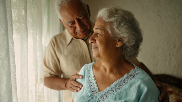 Loving senior man comforting his wife, tender moment of support and affection. Elderly couple sharing intimate connection, showing caring relationship. Deep love, family bonds, calm mood.