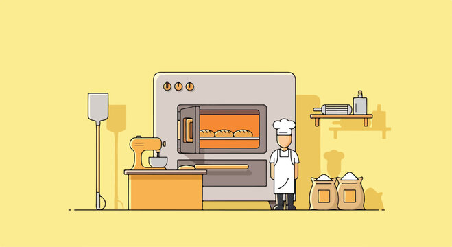 A chef standing beside an industrial oven with baking tools