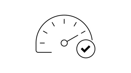 Minimalist Speedometer with Green Checkmark Vector Icon representing High Performance and Site Reliability. Clean Black Line Illustration with Editable Stroke for Web and Graphic Design Projects. © Fatima
