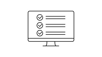 Online Survey and Status Page Checklist on Computer Monitor Screen, Minimalist Black Line Vector Icon with Editable Stroke, Completed Tasks and Success Concept Illustration on White Background © Fatima