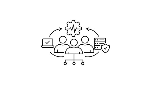 SRE Culture and DevOps Team Collaboration Editable Stroke Vector Icon. Minimalist line art illustration of IT operations, system monitoring, server security, and network infrastructure management.