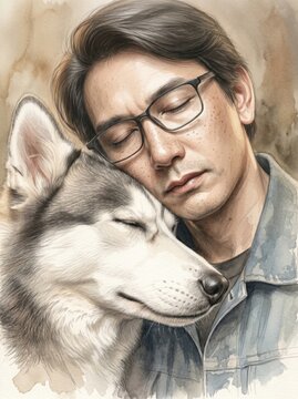 Hyperrealistic fine art portrait of a man and a huskey dog with natural features, soft cinematic lighting, pastel tones, watercolor graphite texture, melancholic mood, shallow depth