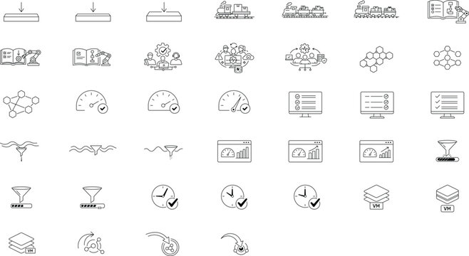 38 Minimalist Black Line Vector Icon Set for DevOps, SRE, Logistics, and IT Automation. Features Editable Stroke, Customizable Line Weight, and Scalable Design for Web and App Development Projects.