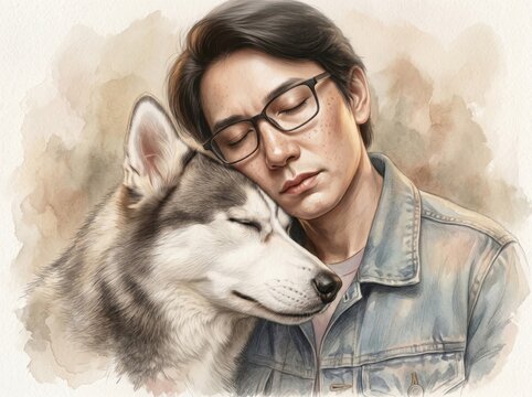 Hyperrealistic fine art portrait of a man and a huskey dog with natural features, soft cinematic lighting, pastel tones, watercolor graphite texture, melancholic mood, shallow depth