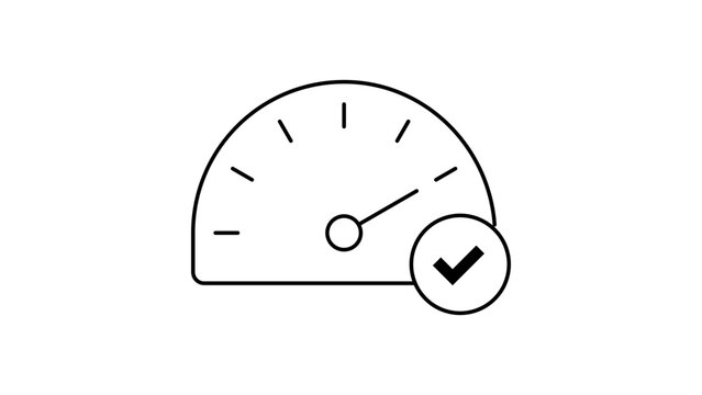 Speedometer with Green Checkmark Vector Icon, Minimalist Line Art Illustration Representing Site Reliability, Performance Optimization, and Fast Loading Speed with Editable Stroke Design.