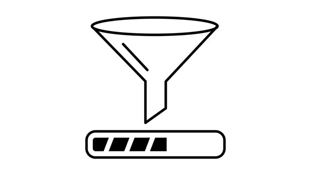 Throughput Meter and Data Processing Funnel with Progress Bar, Minimalist Black Line Vector Icon Illustration with Editable Stroke for Custom Line Weight, Isolated on White Background.