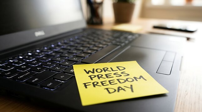 Yellow sticky note with handwritten text World Press Freedom Day placed on a modern laptop keyboard representing digital news and journalism
