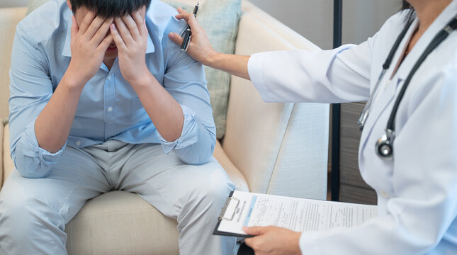 Psychiatrist doctor or psychologist talking comfort and psychology question with patient for mental health assessment.