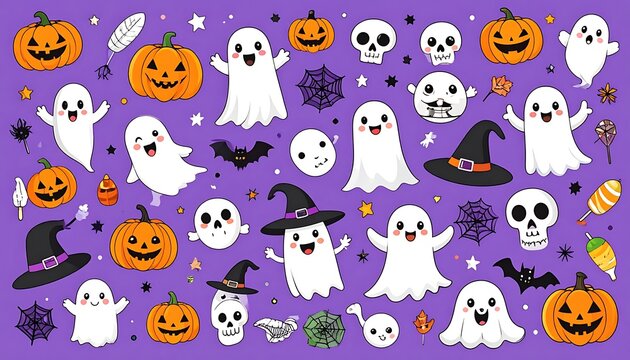 A Halloween-themed image with ghosts, pumpkins, and witch hats on purple