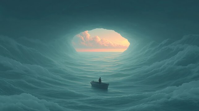 A solitary figure in a small rowing boat navigating through surreal swirling clouds of water