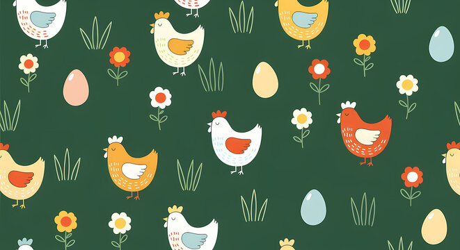 Cute seamless Easter pattern with cartoon animals and colorful eggs in a playful kid friendly design
