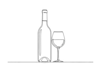 Naklejka premium Continuous line drawing of a wine bottle and a glass