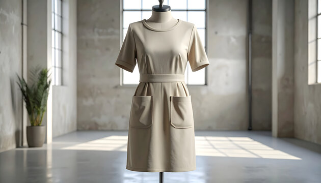 Shift dress with round neck and patch pockets on a ghost mannequin in a minimalist industrial studio with even lighting generative AI