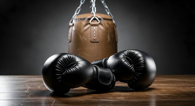 Black boxing gloves on a wooden surface with a punching bag in the background.