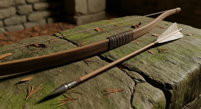 Traditional wooden archery bow and arrow resting on a weathered stone table.