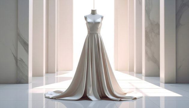 Column dress with high slit and square neckline on a slender mannequin in a marble hall with glossy satin reflections generative AI
