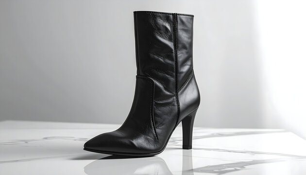 High stiletto boot in black nappa leather on white marble featuring pointed toe and sharp heel under studio lighting generative AI