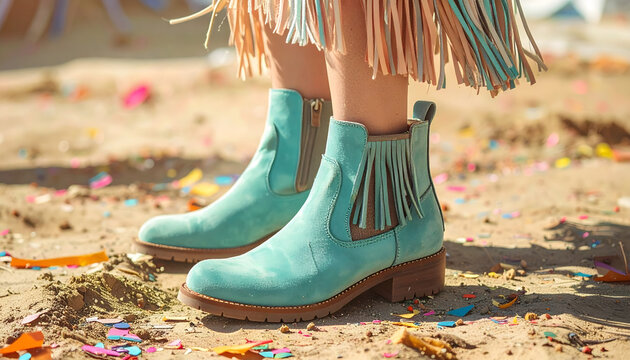 Suede bootie with long swinging fringes on a dusty festival ground with confetti under warm vibrant sunlight in bohemian style generative AI