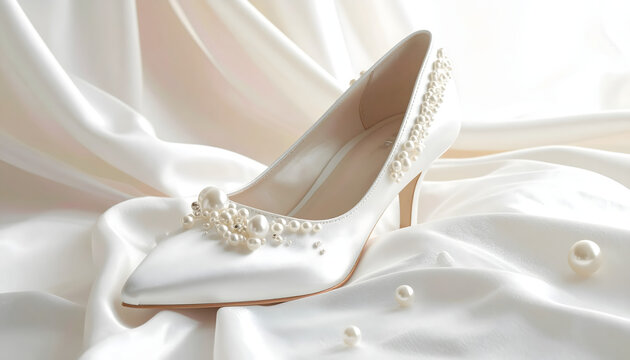 White silk mule with pearls on a satin pillow under soft ethereal lighting for a bridal inspired and romantic aesthetic generative AI