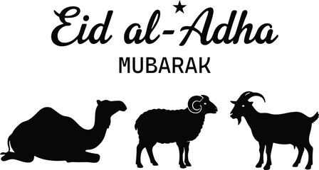 Eid al-adha mubarak greeting with camel, sheep and goat silhouettes. © manosh