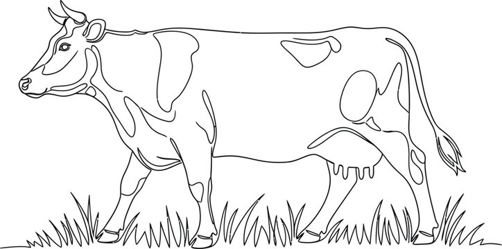 Elegant continuous line art drawing depicting a standing cow with spots and udders, a beautiful minimalist abstract artistic representation of a typical farm animal for design projects.
