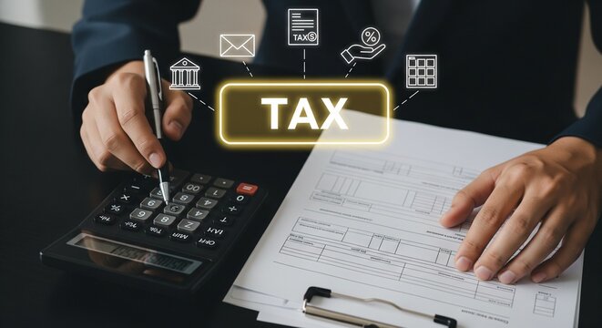 Tax calculation with calculator and documents, business finance concept