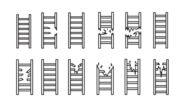 Set of broken ladders on white background representing business failure and setbacks