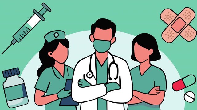 Professional healthcare team featuring doctors and nurses wearing masks and uniforms. Medical symbols, medicine, and treatment items highlight care, safety, teamwork, and hospital services.