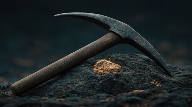 A vintage pickaxe resting on a dark volcanic rock containing a deposit of raw gold ore in nature