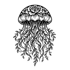 Fototapeta premium icon blending the fluid shape of a jellyfish with blooming botanical elements. This artistic design represents organic beauty, femininity, and the harmony of nature in a minimalist black and white 