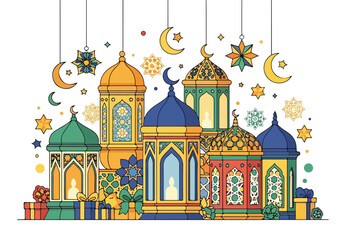 Colorful illustration of a mosque with domes and stars © Rahmat