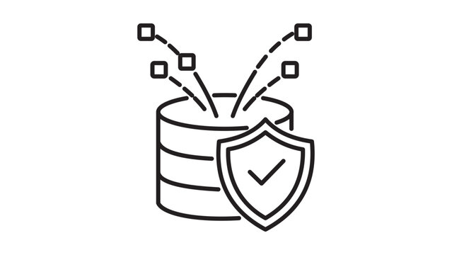 Secure Database Protection and Data Loss Prevention Minimalist Black Line Vector Icon with Editable Stroke. Shield with Checkmark Guarding Information Storage Cylinder on White Background.