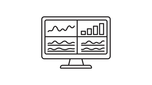 Minimalist Black Line Vector Icon of a Computer Monitor Displaying a Data Analytics Dashboard with Line and Bar Charts, Editable Stroke Illustration for Business Monitoring, Statistics, and SEO.