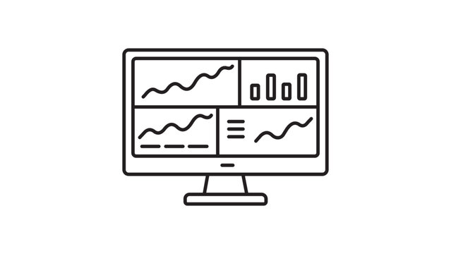 Minimalist black line vector icon of a computer monitor displaying a data dashboard with line graphs and bar charts. Clean scalable illustration with editable stroke for custom line weight.