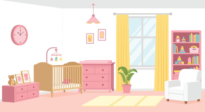 A brightly lit pastel colored nursery features a crib dresser rocking chair and playful decorations