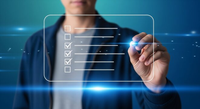Man checking off list on futuristic transparent screen, digital interface, business concept