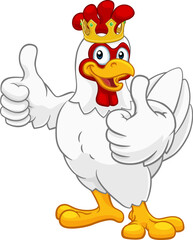 A chicken rooster cockerel bird cartoon character in a kings gold crown giving a double thumbs up © Christos Georghiou