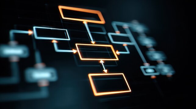 Flowchart in Technology: A vibrant digital flowchart against a dark backdrop, with glowing outlines, indicating interconnected processes and information flow within a system.