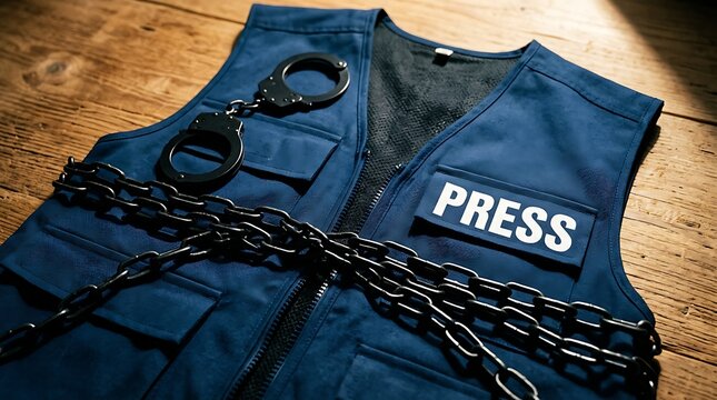 A blue press vest with handcuffs and heavy metal chains resting on a rustic wooden surface, representing the suppression of media and freedom.