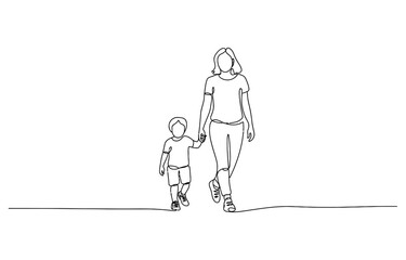 Fototapeta premium Continuous line drawing of a mother walking with her young son