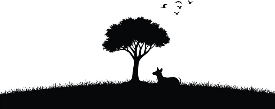 Donkey Under Tree Silhouette with Birds Flying Away