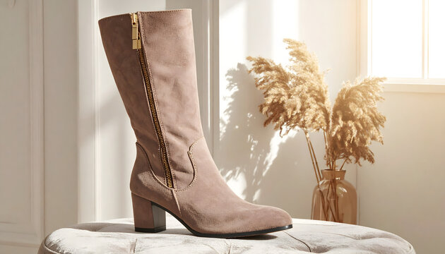 Thigh high boot in taupe suede draped on a velvet ottoman in a sunlit dressing room with gold zipper detail generative AI