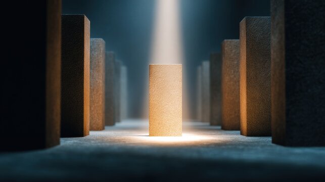 Illuminated Focus: A singular block stands out amid a collection of others, bathed in a beam of light. A visualization of focus, distinction, and illuminated potential.