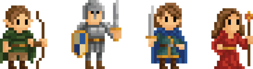 A set of different fantasy adventurer classes cartoon characters in a video game sprite pixel art style. Include wizard, warrior, knight etc. © Christos Georghiou