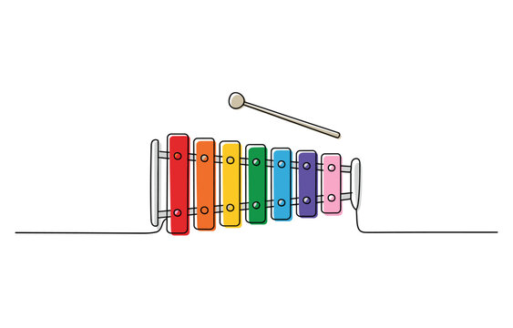 Continuous one line drawing of a colorful xylophone with a mallet